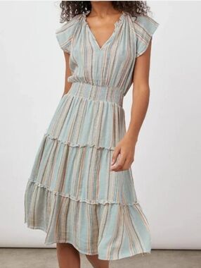 Rails Amellia Midi Dress Sag Harbour Blue Striped Tiered Linen Blend Size S